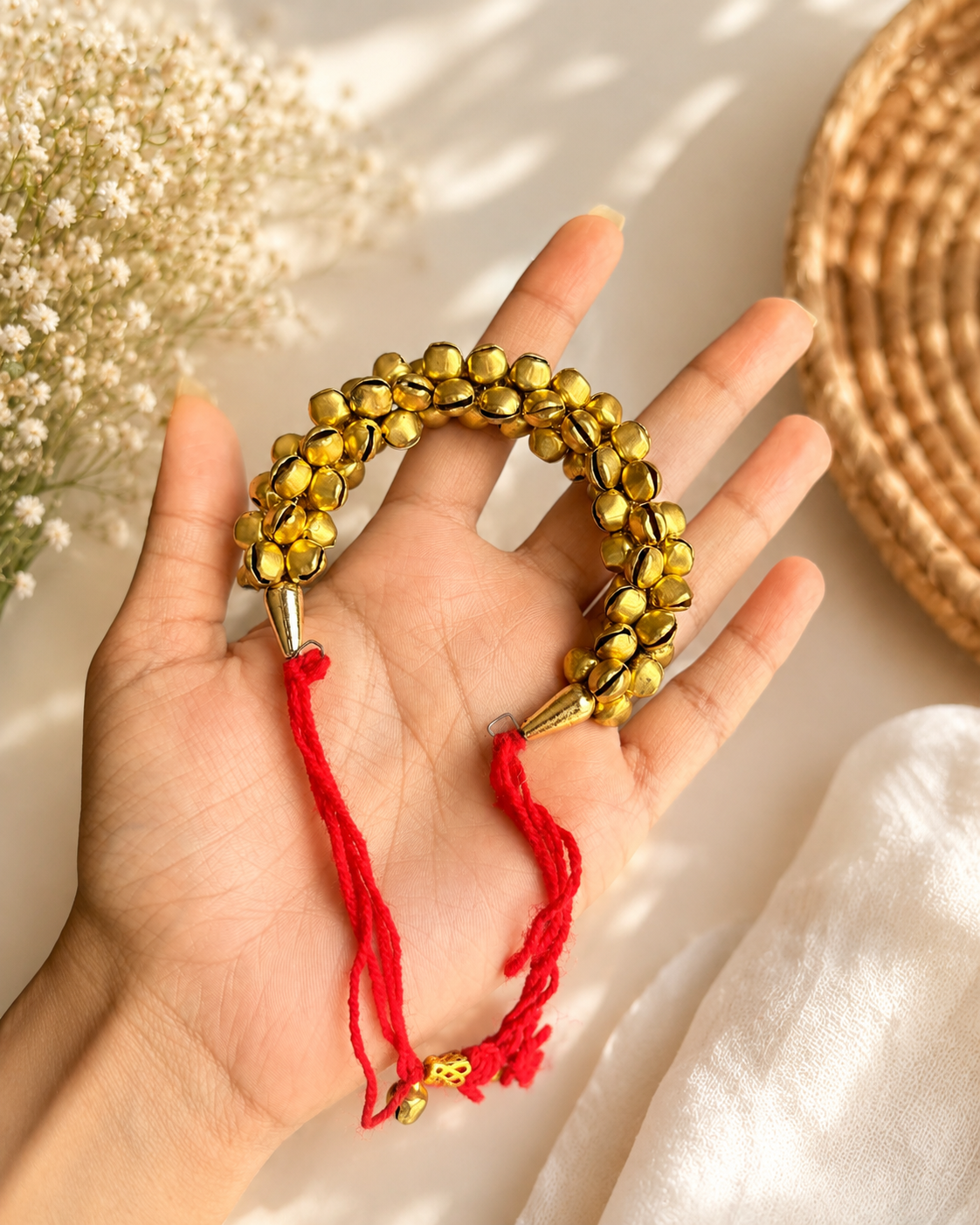 Traditional Brass Ghungroo Bracelet with Red Thread