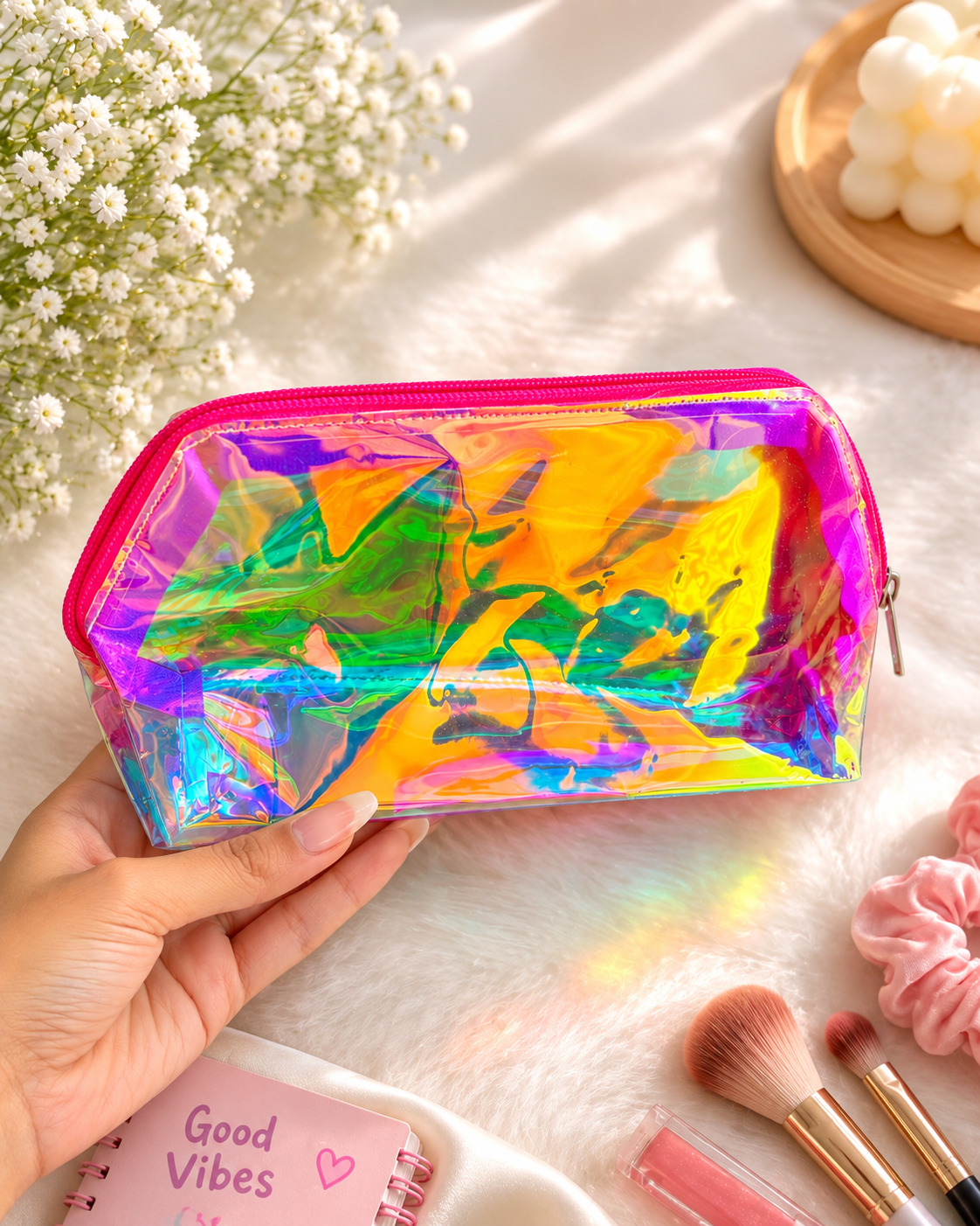Holographic Transparent Makeup Pouch with Pink Zipper 🩷