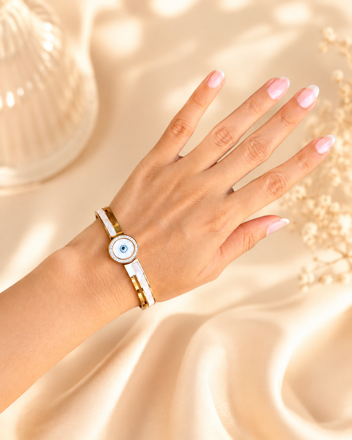 Evil Eye Pearl with studded Diamond, Gold Cuff Bracelet (Korean) ⭐️