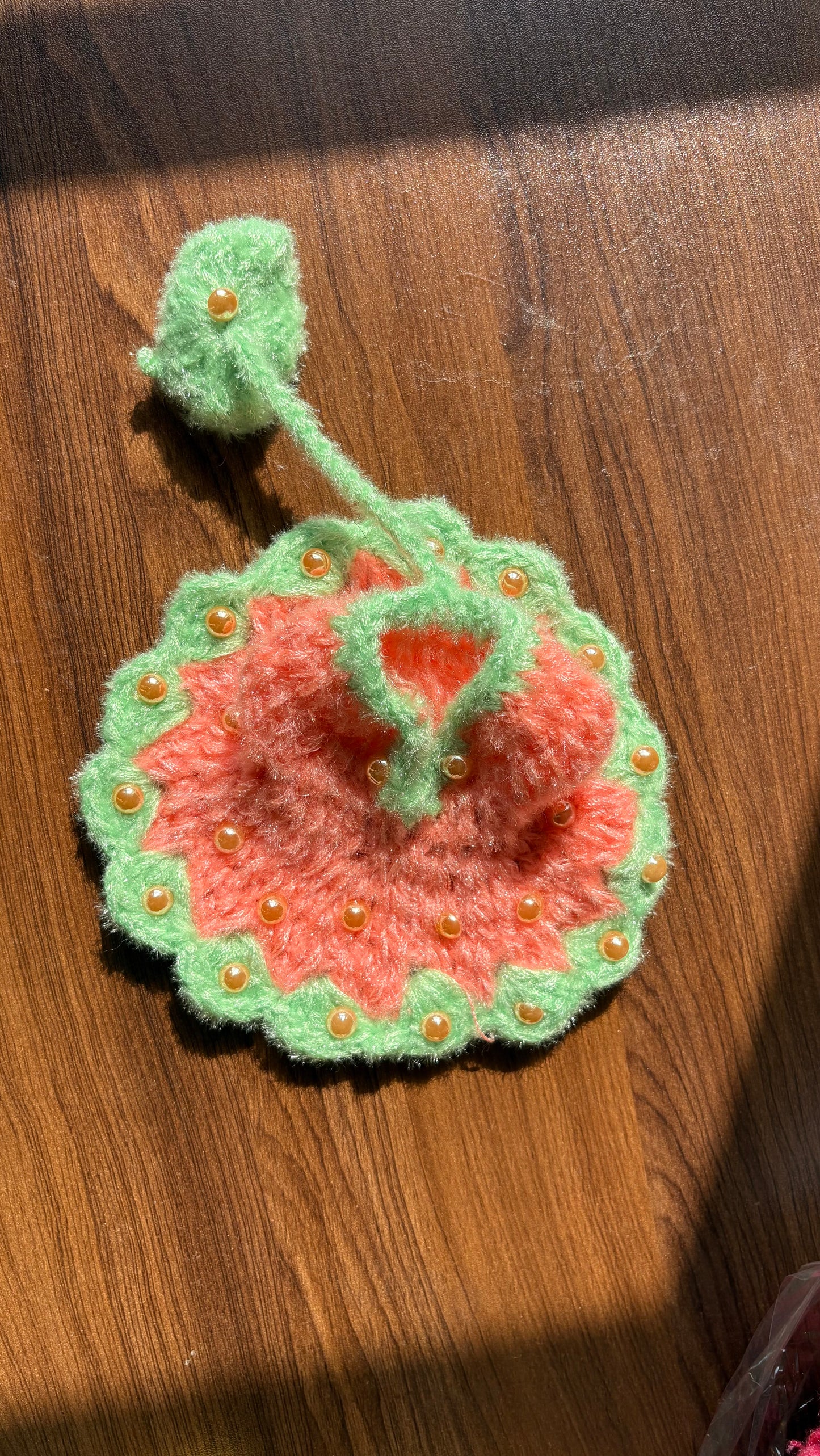 Peach Pista Green Moti Crochet Size 3 Frock