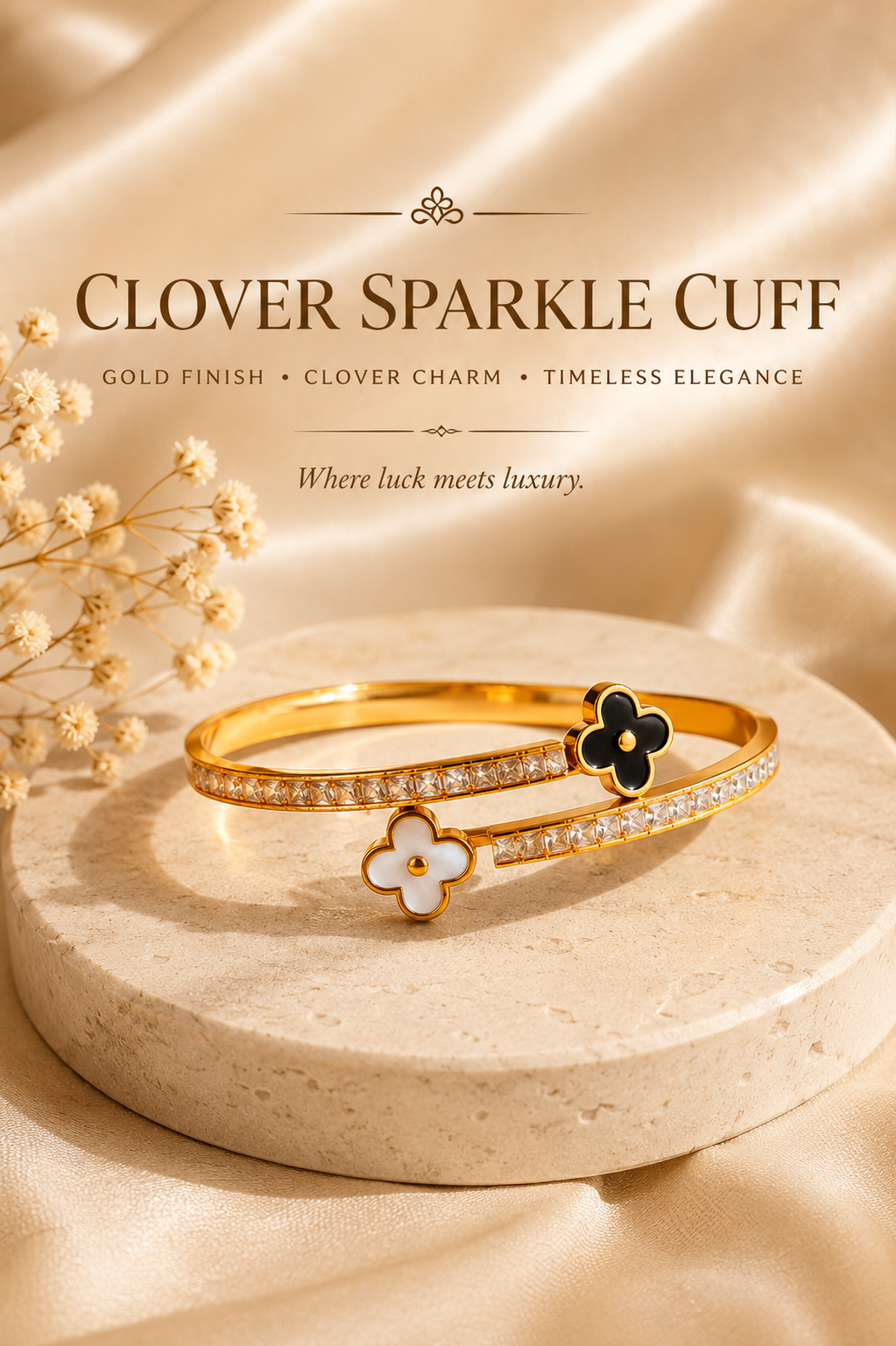 Clover Sparkle Cuff Gold Bracelet ⭐