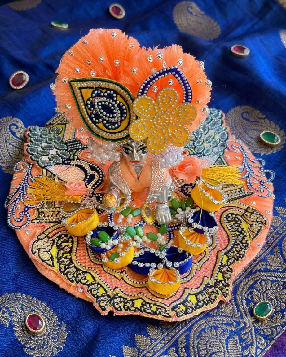 Vrindavan Kesariya Shringar 🧡 Collection + Velcro Mukut (Premium Designer Frock)