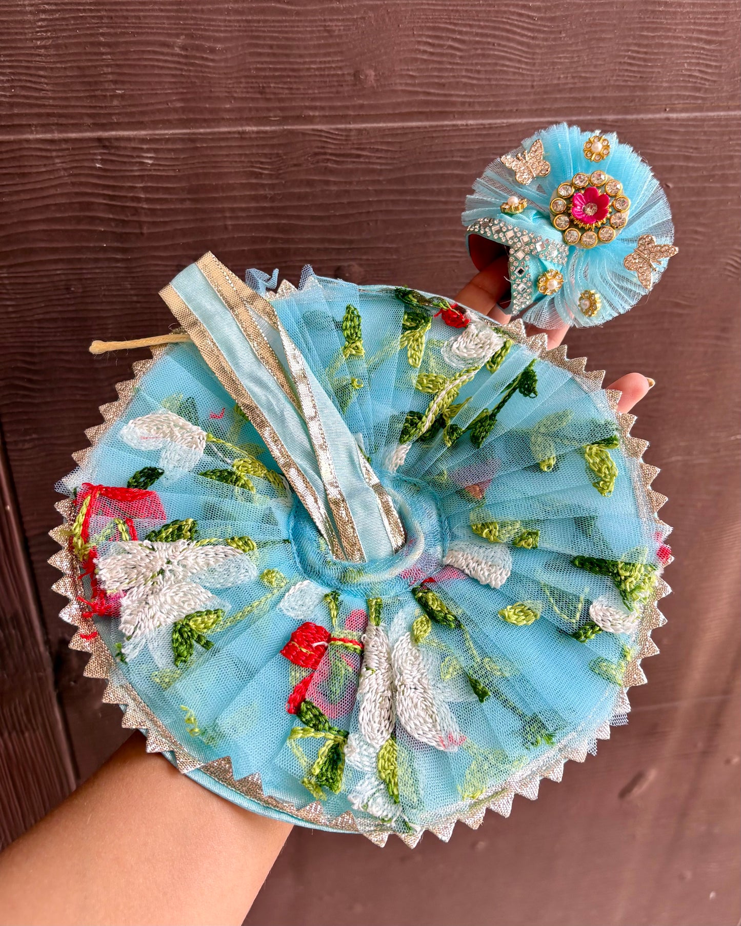 Blue Net Crochet Frill Frock with pagdi 🩵
