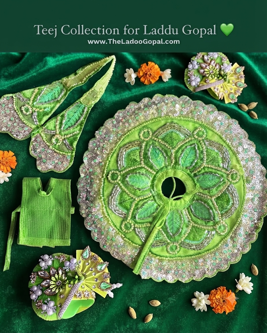 Teej Collection 💚for Laddu Gopal + Mukut (Designer Frock) (4pc set)🌿