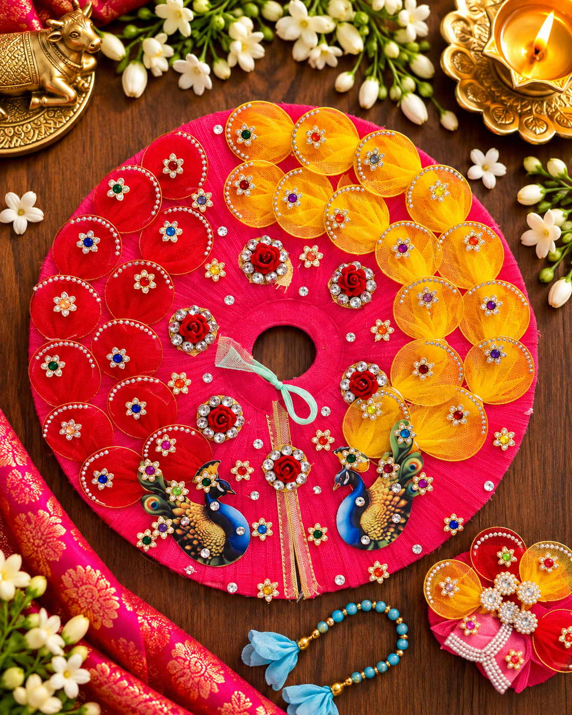 Pink & Yellow Peacock Petal Designer Frock for Laddu Gopal 🩷❤️ (4 piece Dress Set)