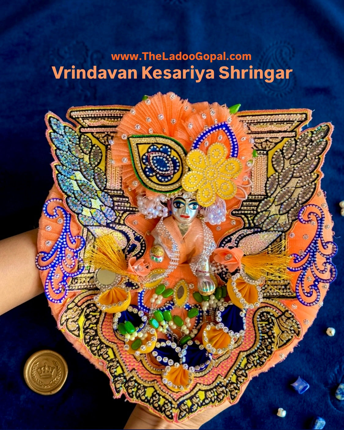 Vrindavan Kesariya Shringar 🧡 Collection + Velcro Mukut (Premium Designer Frock)