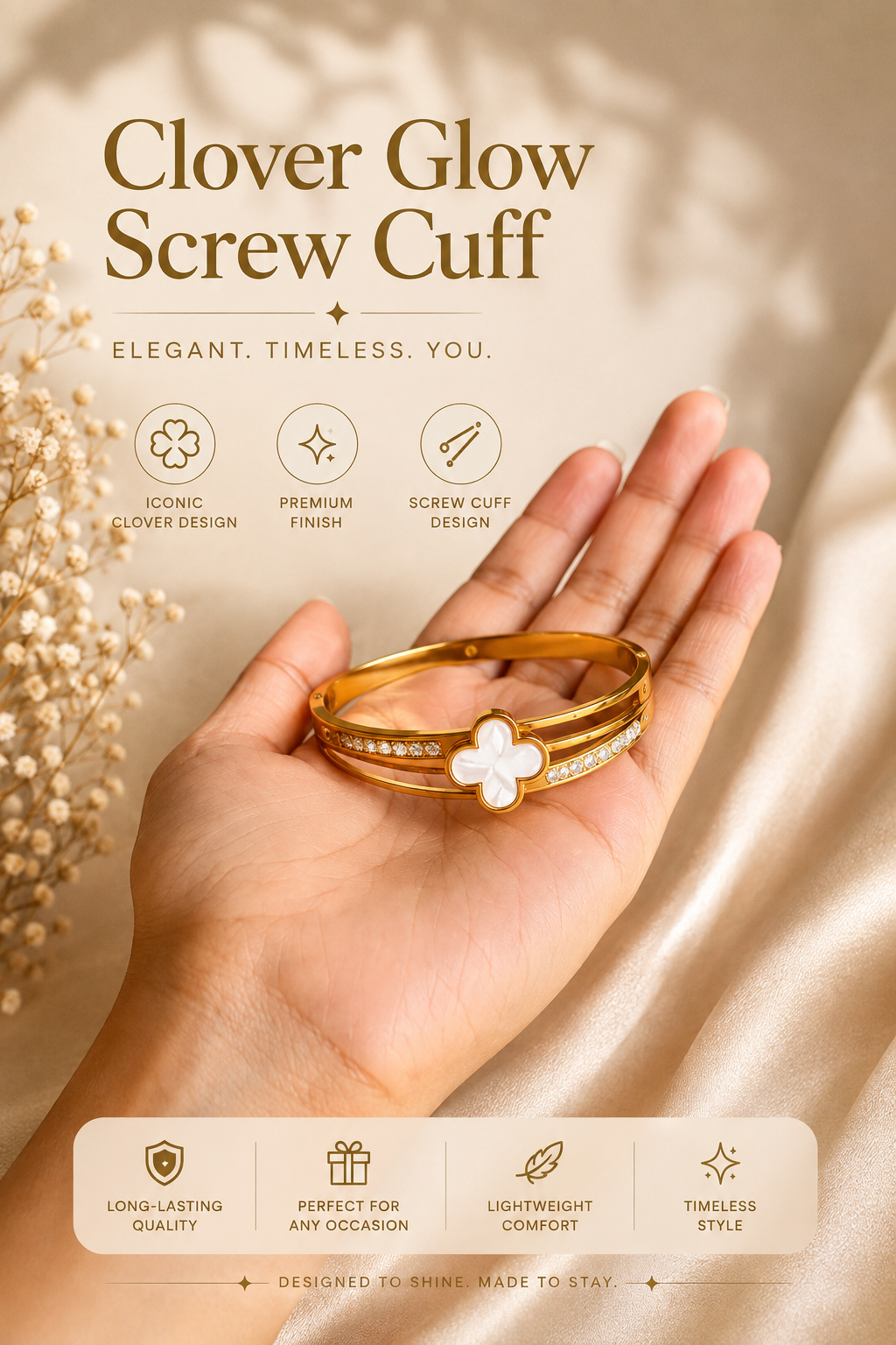 Clover Glow Screw Cuff Gold Bracelet ⭐