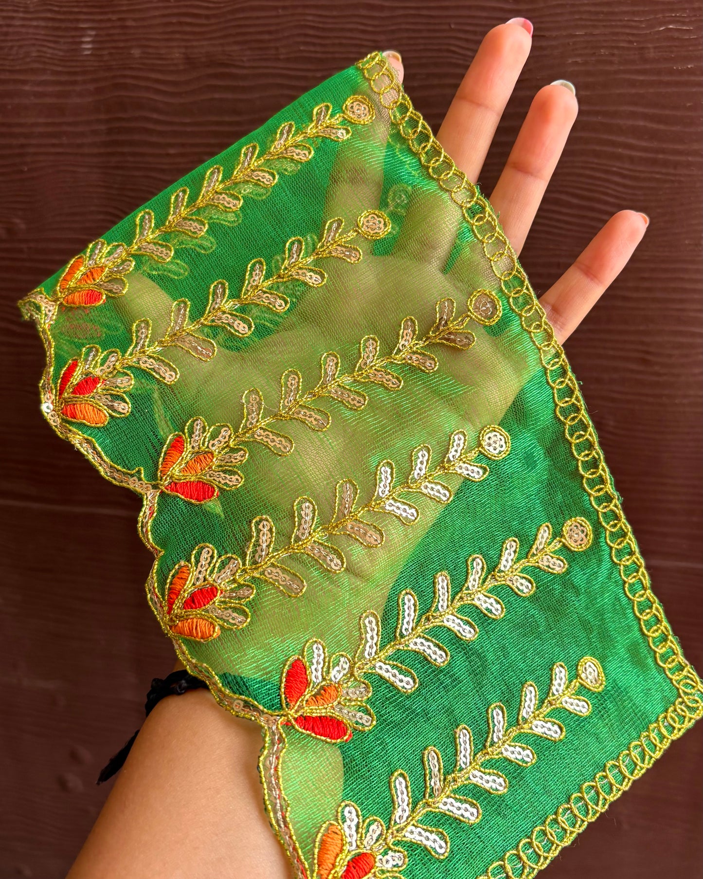 Forest Dark Green & Orange Net Chunni (Radha Rani)💚