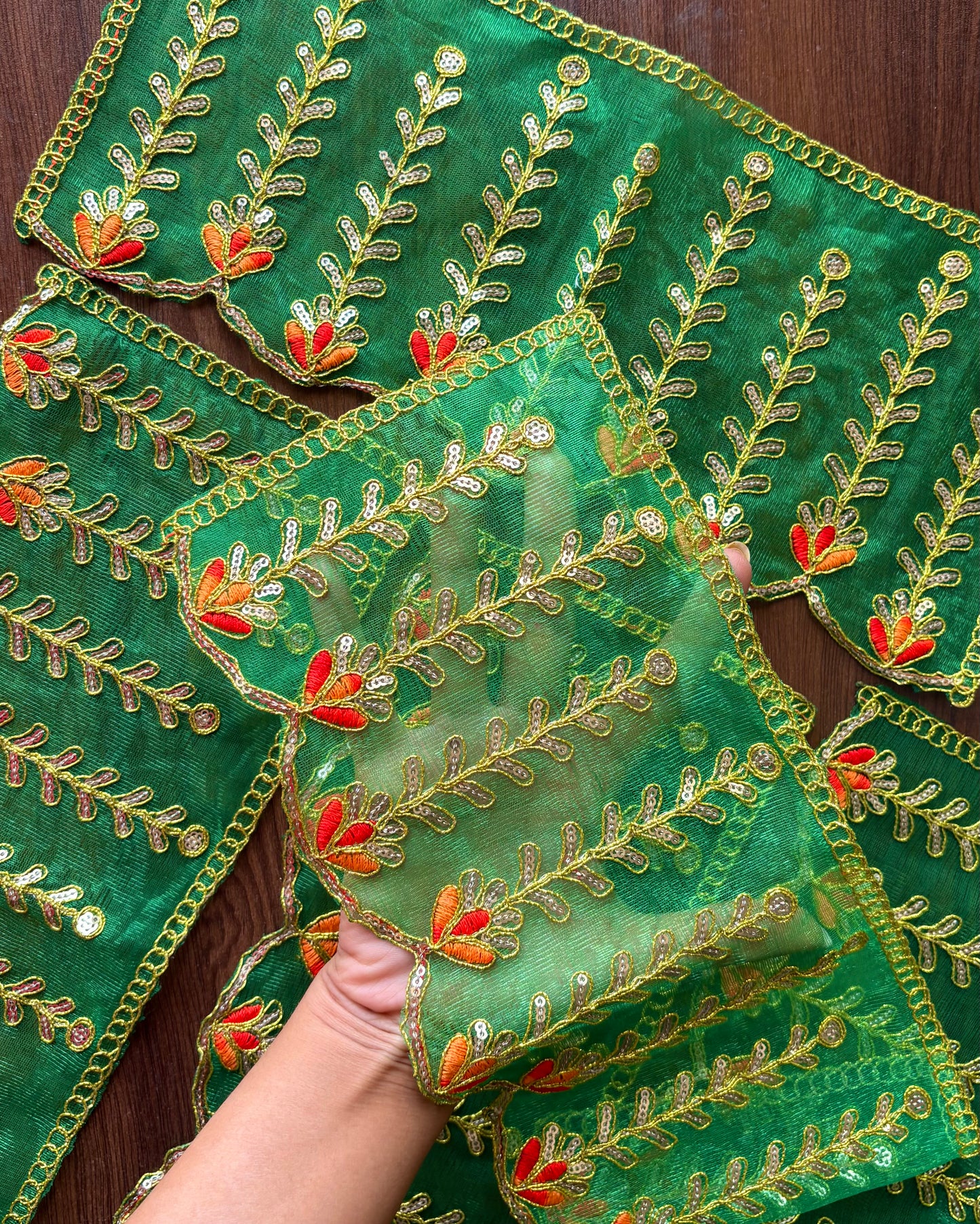 Forest Dark Green & Orange Net Chunni (Radha Rani)💚