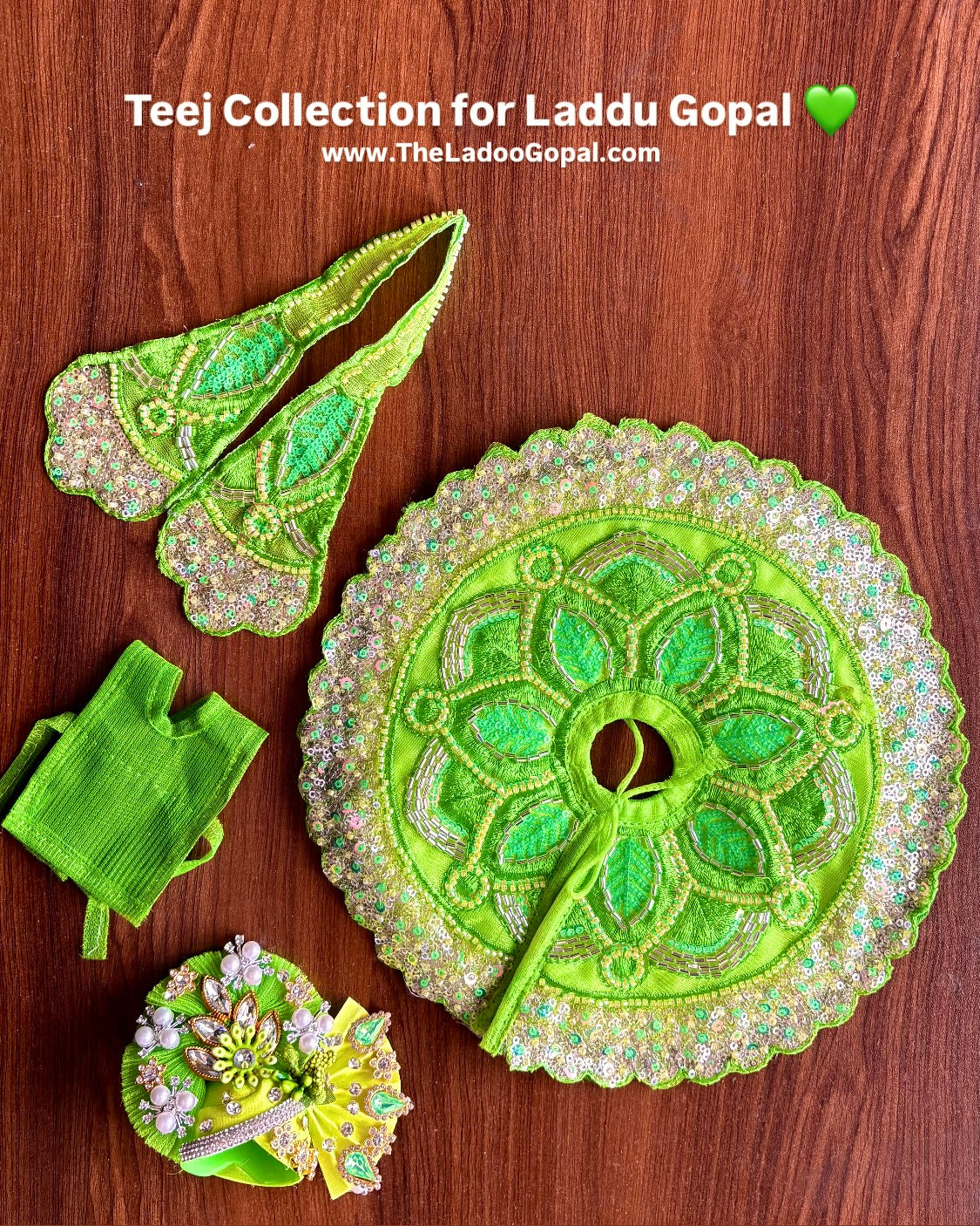 Teej Collection 💚for Laddu Gopal + Mukut (Designer Frock) (4pc set)🌿