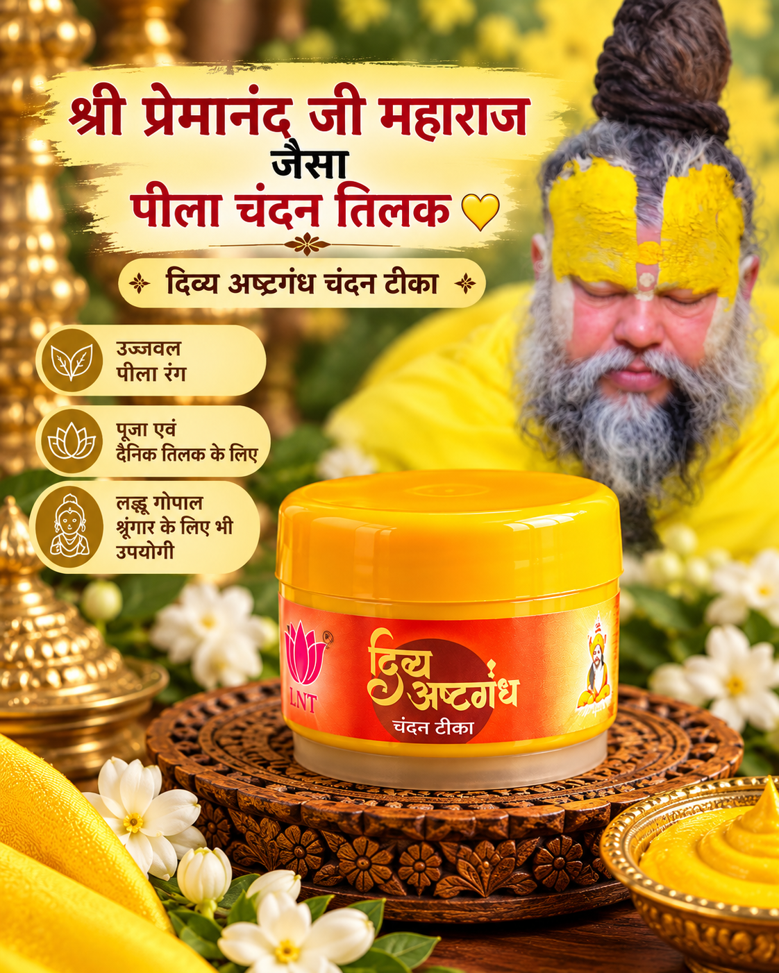 Shri Premanand Maharaj Ji Inspired Yellow Chandan Tika – Divya Ashtagandh 💛