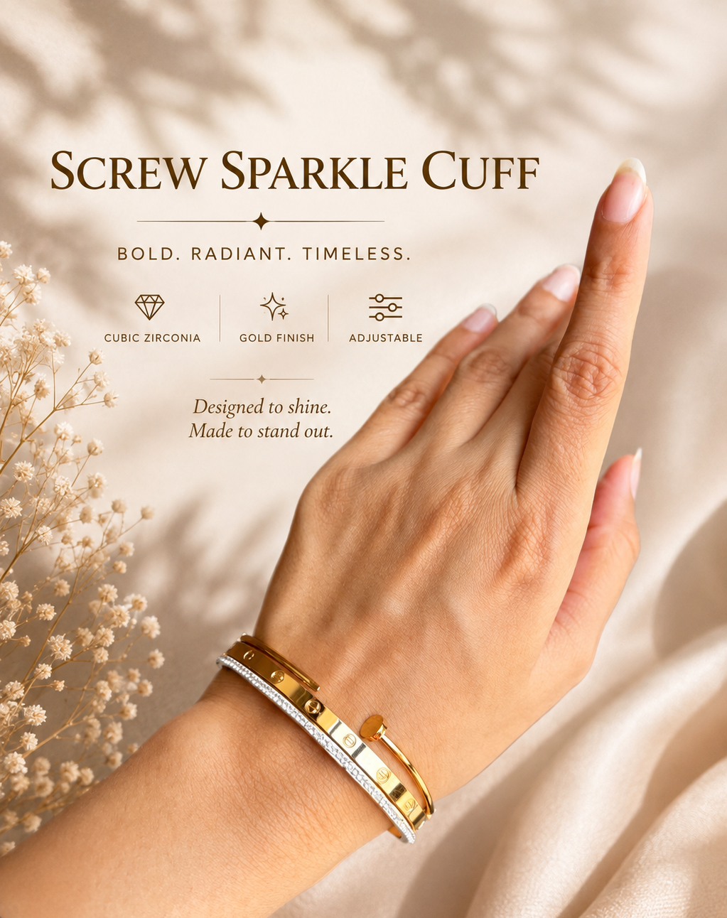 Luxe Screw Crystal Cuff Gold Bracelet ⭐