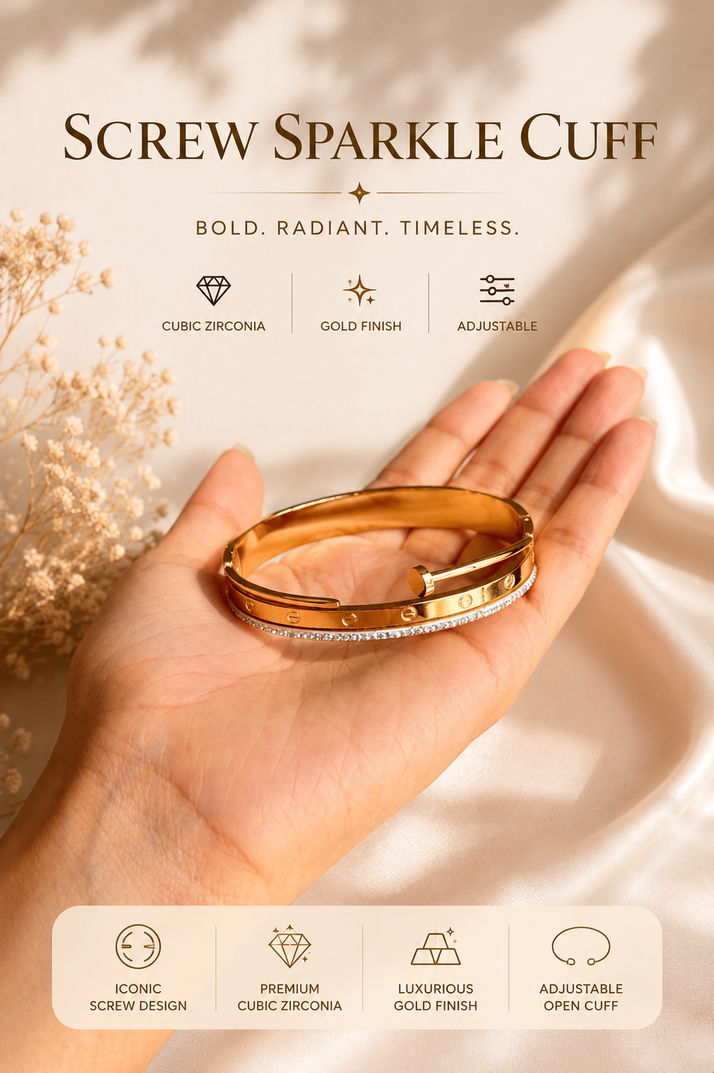 Luxe Screw Crystal Cuff Gold Bracelet ⭐