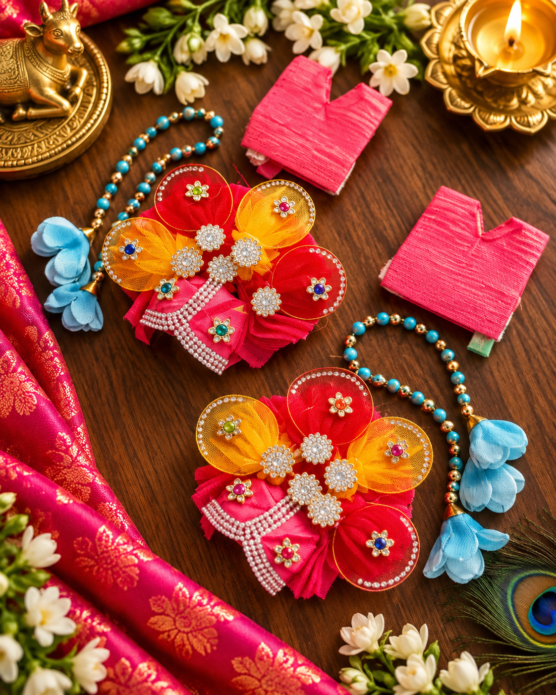 Pink & Yellow Peacock Petal Designer Frock for Laddu Gopal 🩷❤️ (4 piece Dress Set)