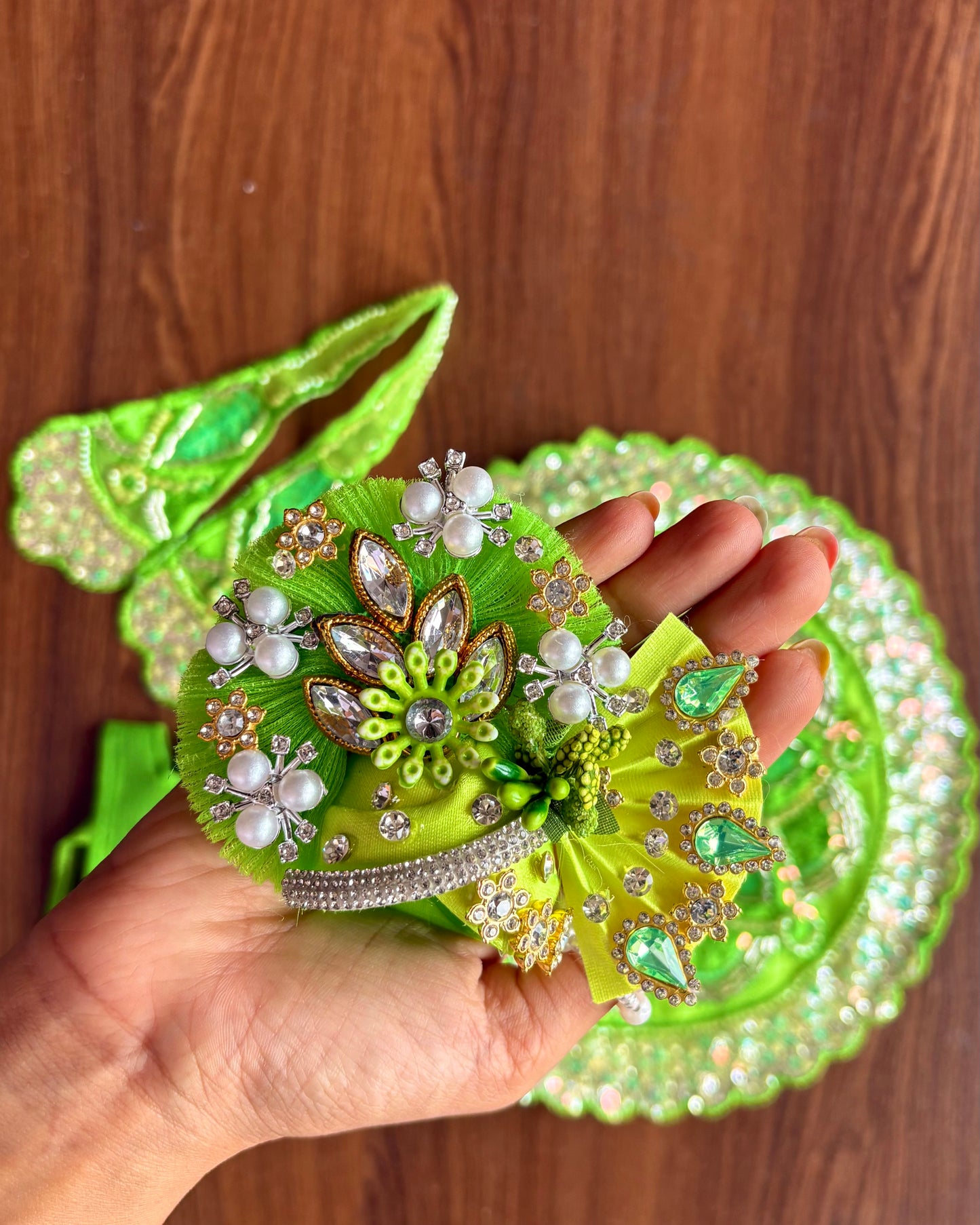 Teej Collection 💚for Laddu Gopal + Mukut (Designer Frock) (4pc set)🌿