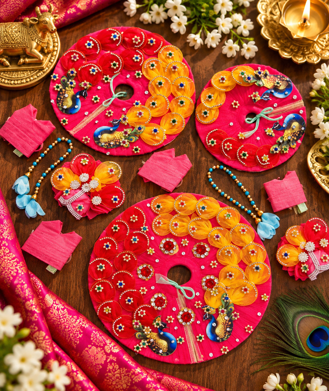 Pink & Yellow Peacock Petal Designer Frock for Laddu Gopal 🩷❤️ (4 piece Dress Set)