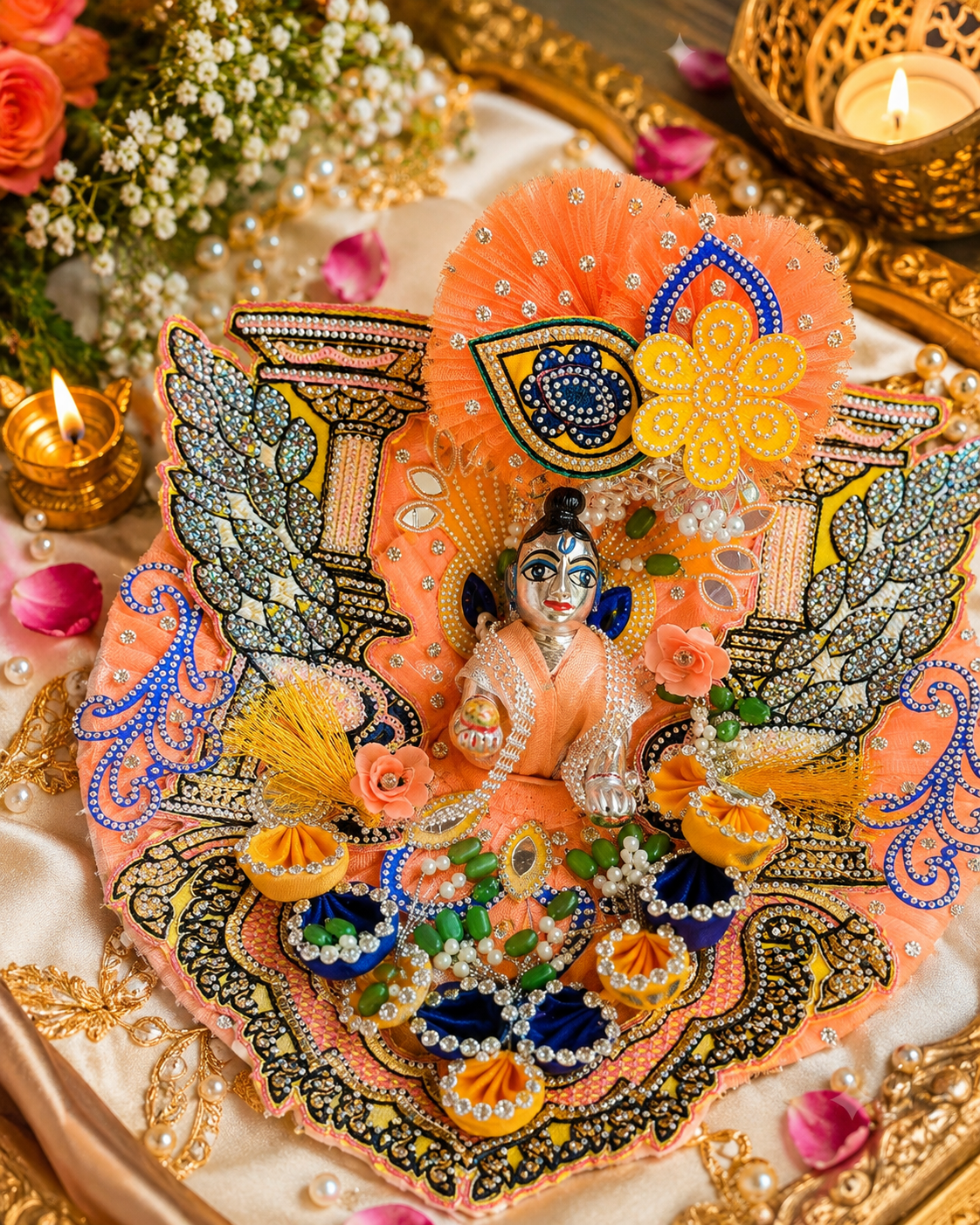 Vrindavan Kesariya Shringar 🧡 Collection + Velcro Mukut (Premium Designer Frock)